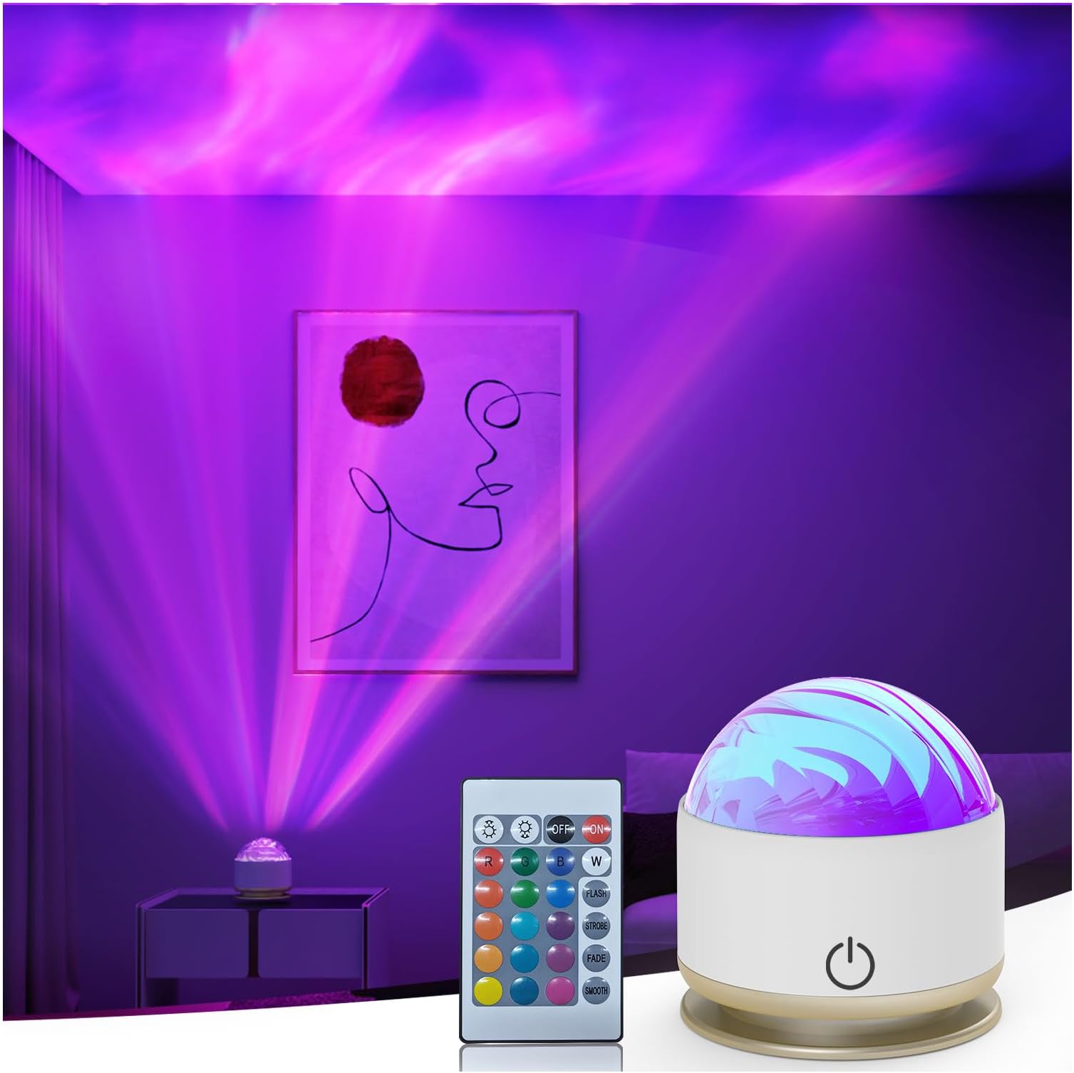HUMIIEYE Northern Light Projector, Battery Operated Aurora Night Light, 16 Colors Galaxy Lamp Ocean Wave Ceiling Projector Mood Ambient Lighting for Bedroom Party Adults Kids Room Toddler Girl Gift