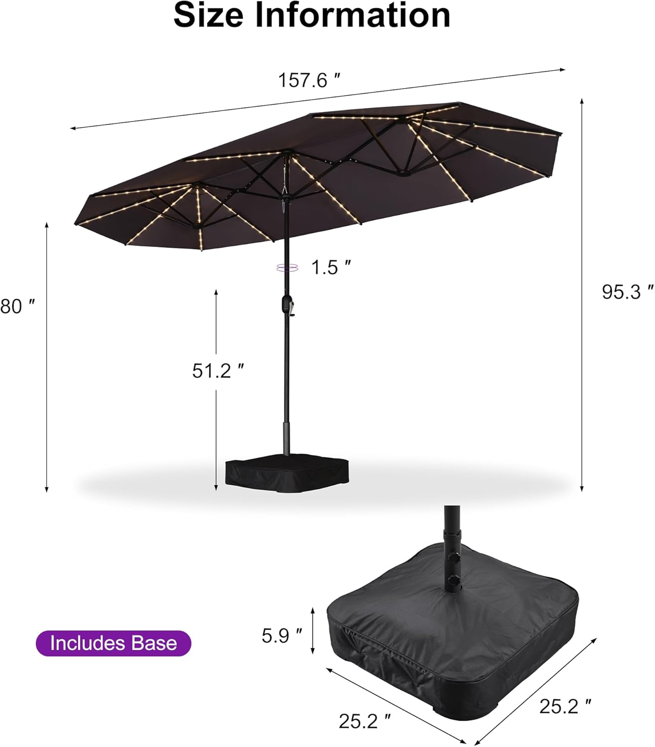 PURPLE LEAF 13ft Patio Market Umbrella with Solar LED and Base Double-Sided Rectangle Outdoor Table Sun Umbrellas with Crank for Pool Beach Deck Backyard Gray