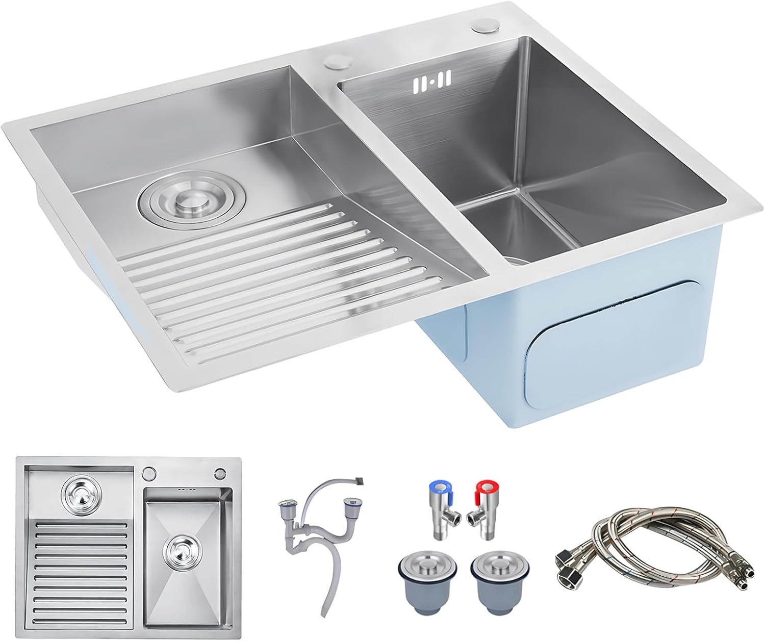 600mm/23.6Inch Stainless Steel Laundry Utility deep Sink, with washboard for room, Bathroom, Balcony, Kitchen and Basement - Easy-to-Clean Double-Bowl Design