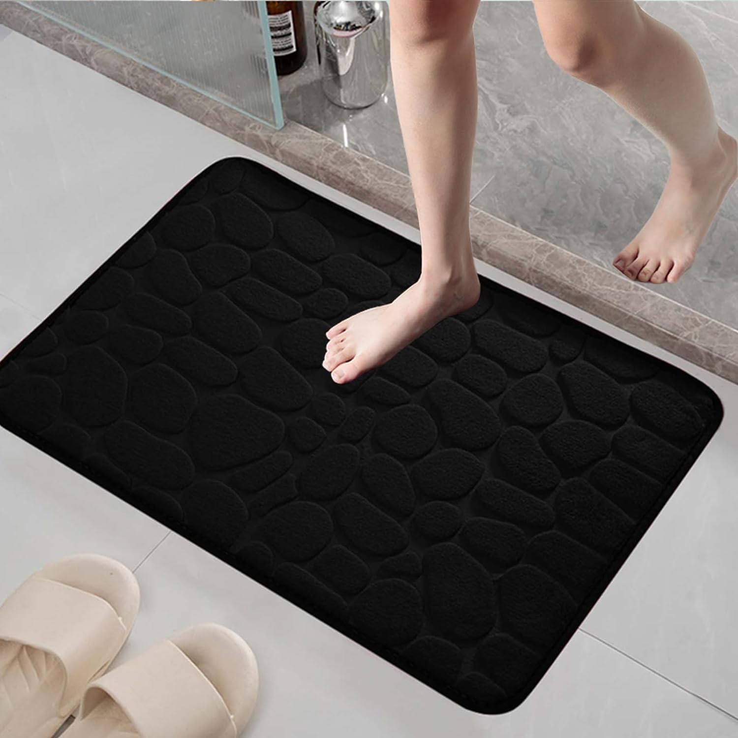 Memory Foam Bath Rug Non-Slip Bathroom Mat Water Absorbent Bath Carpet Quick Dry Bathtub Floor Mat Cobblestone Shower Rug Safety Shower Mat Washroom Door Carpet for Bedroom-Black (40×60cm)