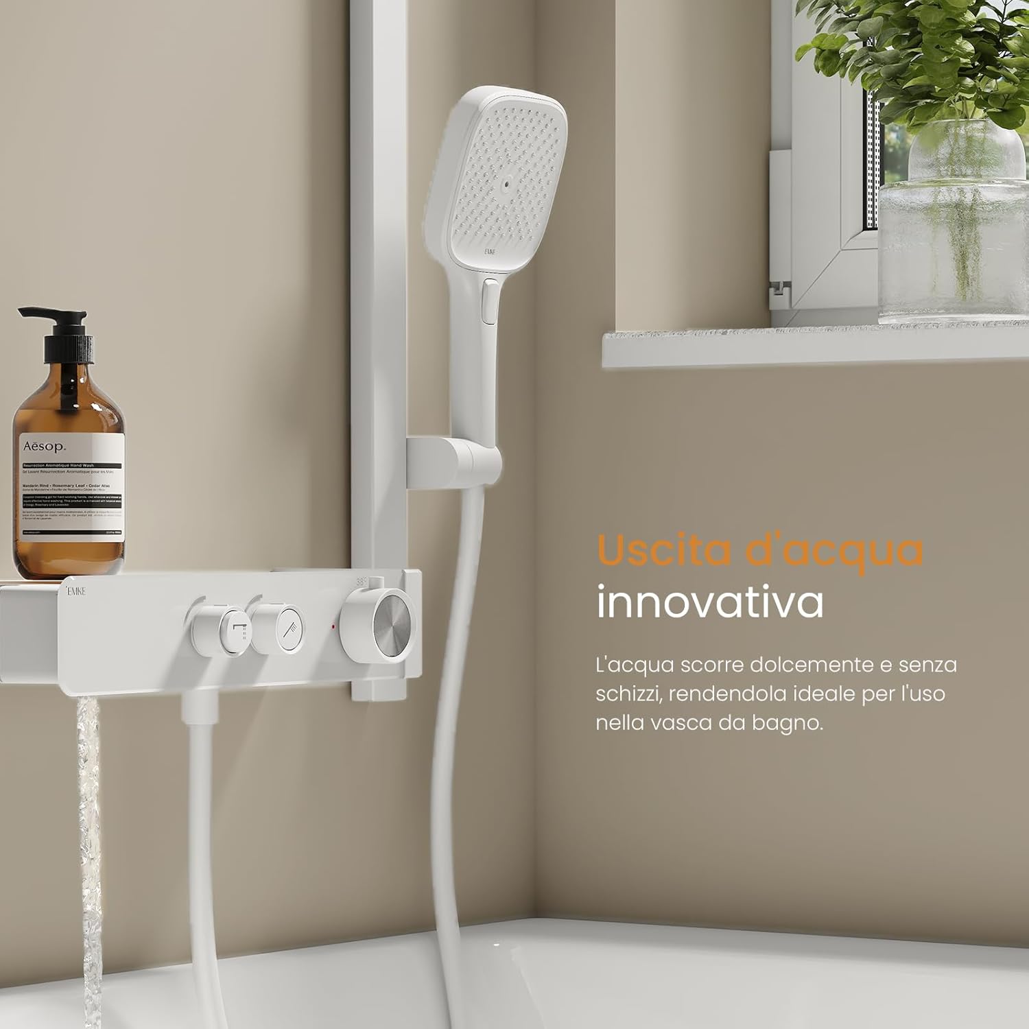 Image showing the integrated shelf with an innovative water outlet, demonstrating water flowing gently from the shelf.