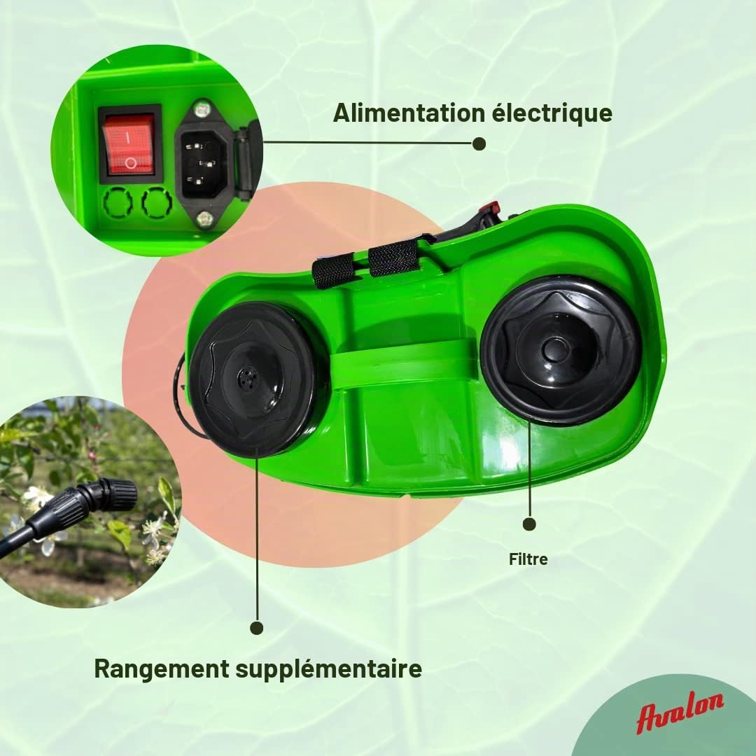 Avalon - Pulvérisateur sac à dos de 2 lances Pack avec pompe de rechange, batterie rechargeable, réservoir 16 l, vert, chargeur de 12 V et 1,7 A