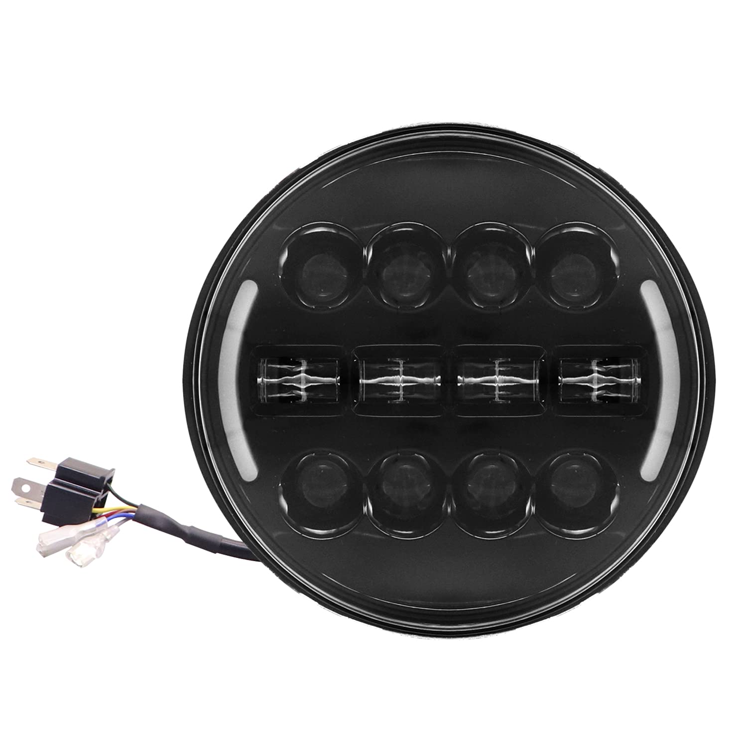 AllExtreme EX12AW1 7 Inch Full Ring Round White LED Headlight with Hi/Low Beam Amber & White Angel Eye Lamp Compatible with Bullet, Harley Davidson Jeep Wrangler (75W, 1 Pc)