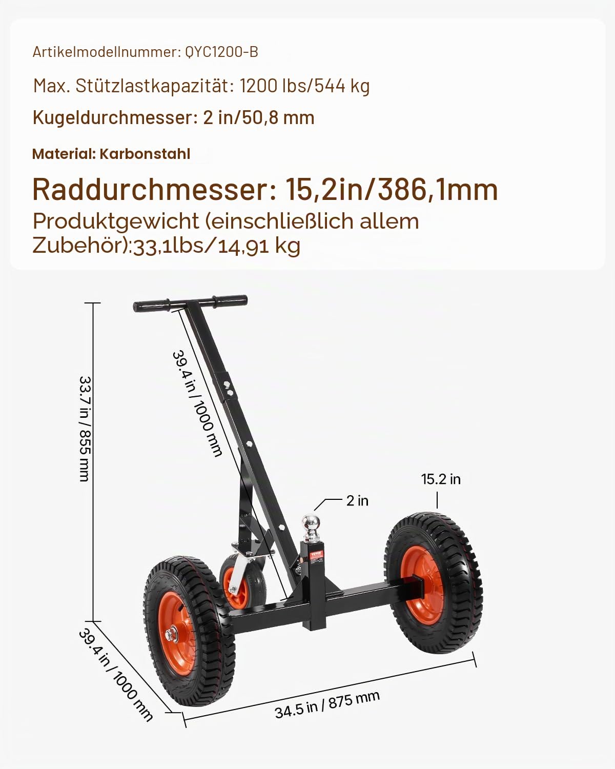 VEVOR Rangierhilfe Anhänger, Anhängerwagen, 544 kg Stützlastkapazität, 460 & 560mm einstellbare Höhe, 50,8 mm Kugel, 386 mm Luftreifen, Karbonstahl, zum Bewegen von Wohnmobilanhängern