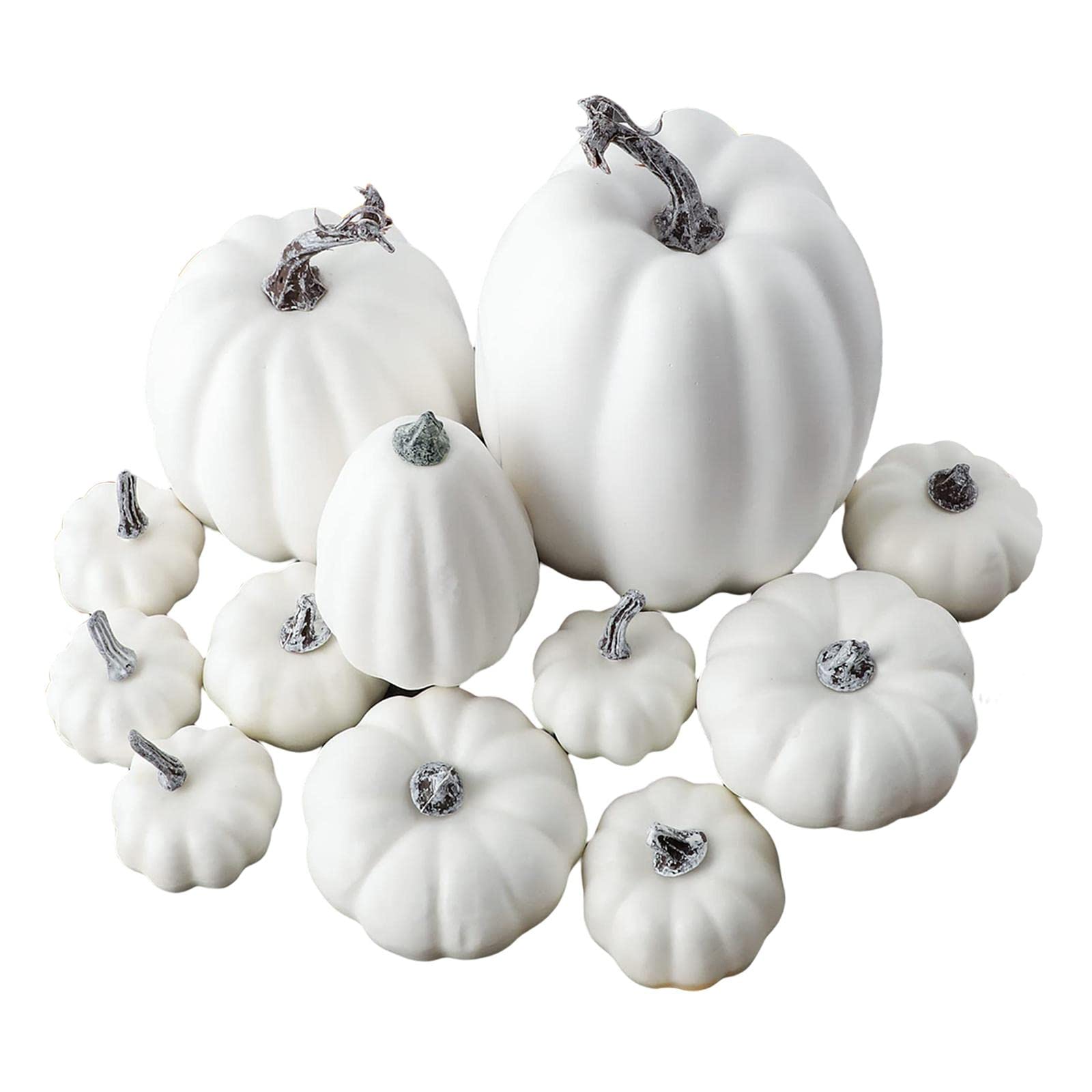 AMLESO 12Pcs Vivid Artificial Pumpkins Set, Large Party Props Simulation for Thanksgiving Halloween Holiday Decor Fall Autumn, White