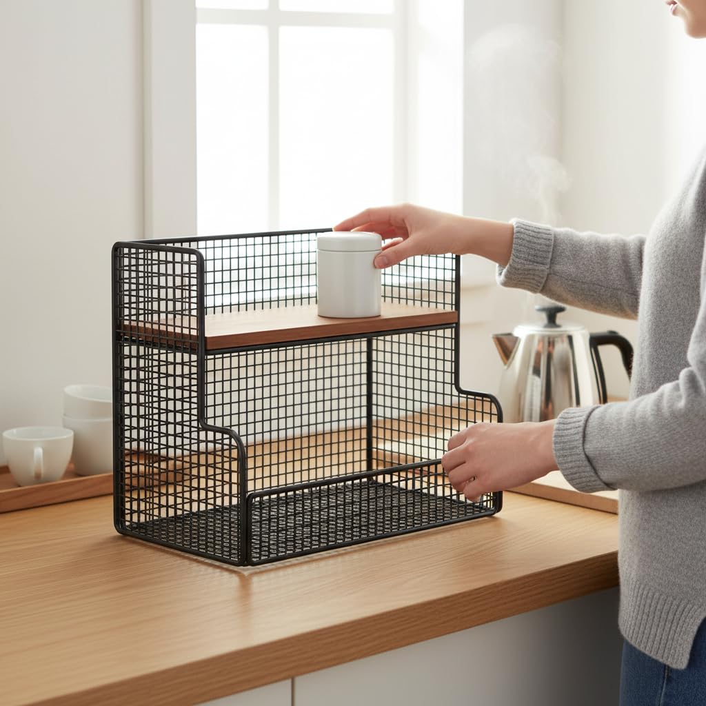 Scaffale multiuso a 2 ripiani, 40 cm, per cucina e bagno, con ripiani in legno, per soggiorno e ufficio