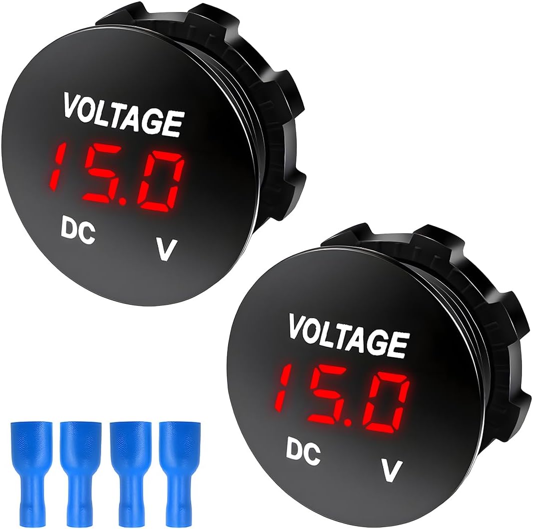 DC 12V 24 V Voltmeter Gauge, Car LED Digital Display Round Panel Voltage Gauge Meter, Waterproof Mini Volt Tester Battery Monitor Indicator for Car Truck Marine Boat (White)