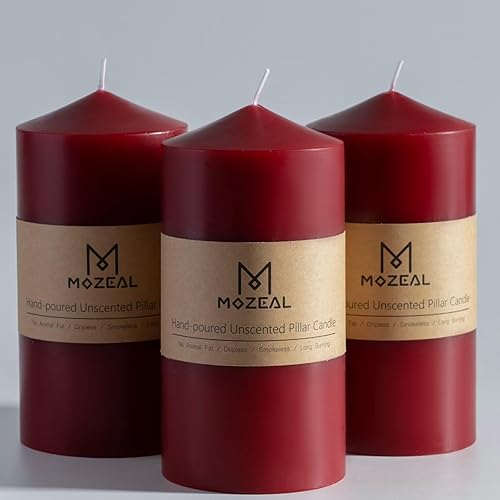 MOZEAL Juego de 3 velas de pilar de color rojo oscuro sin perfume de 3 x 6 pulgadas, vertidas a mano, sin goteo, combustión de larga duración,