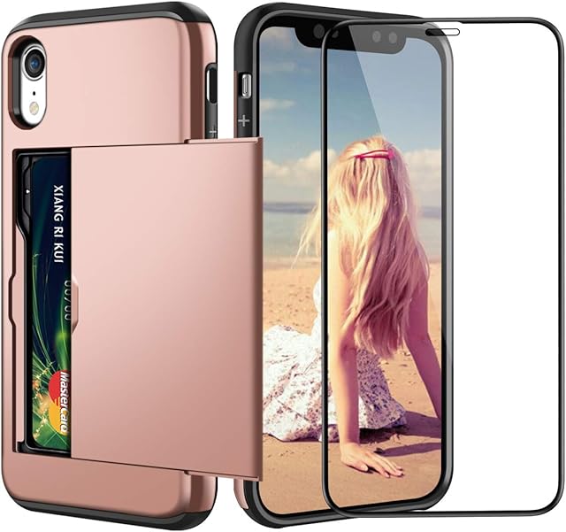 Coolden for iPhone XR Case Card Holder Slot Case with [Tempered Glass Screen Protector ] iPhone XR Wallet Case Shockproof Case Rubber Bumper Protective Case Phone Case Cover for iPhone XR (Rose Gold)