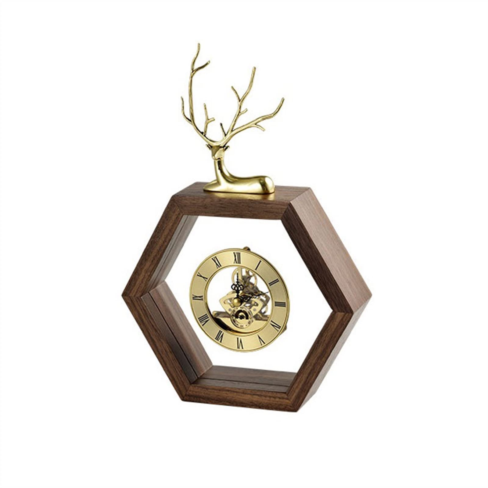 QINGGANG-0224 Mantel Clock Light Luxury Walnut Clock Copper Deer Shape Study Living Room Table Top Decoration Silent(B)