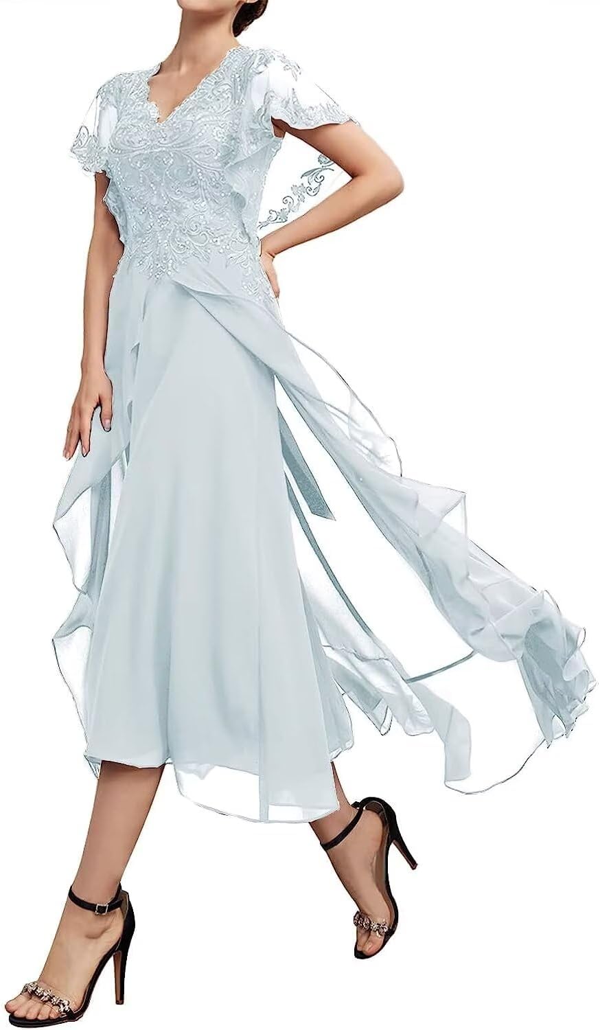 BollameMother of The Bride Dresses for Wedding Ruffle Sleeves Lace Applique Pleated Chiffon Formal Evening Party Gown for Women