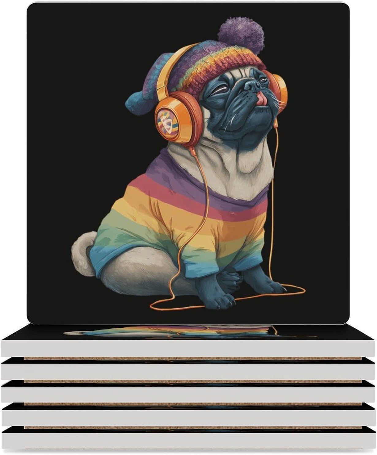 Music Lover Pug Coaster for Drinks Square Ceramic Table Coasters Stone Mat Crafts 4PCS Home Kitchen Decor