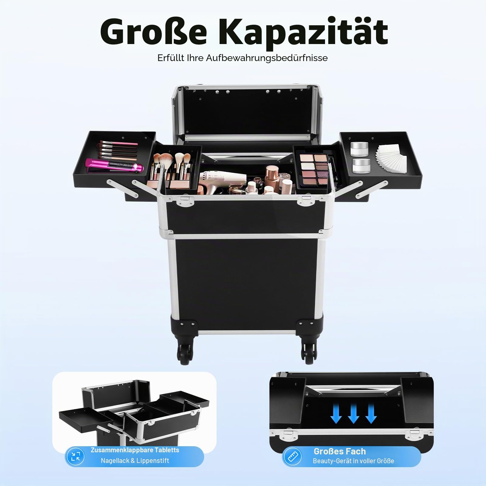 Kosmetikkoffer Trolley, 3-in-1 Schminkkoffer mit Faltbares Tablett und Rädern, Multifunktional Große Kosmetik Make up Koffer, Schminkkoffer für Reise, Friseure, Visagisten (Schwarz)