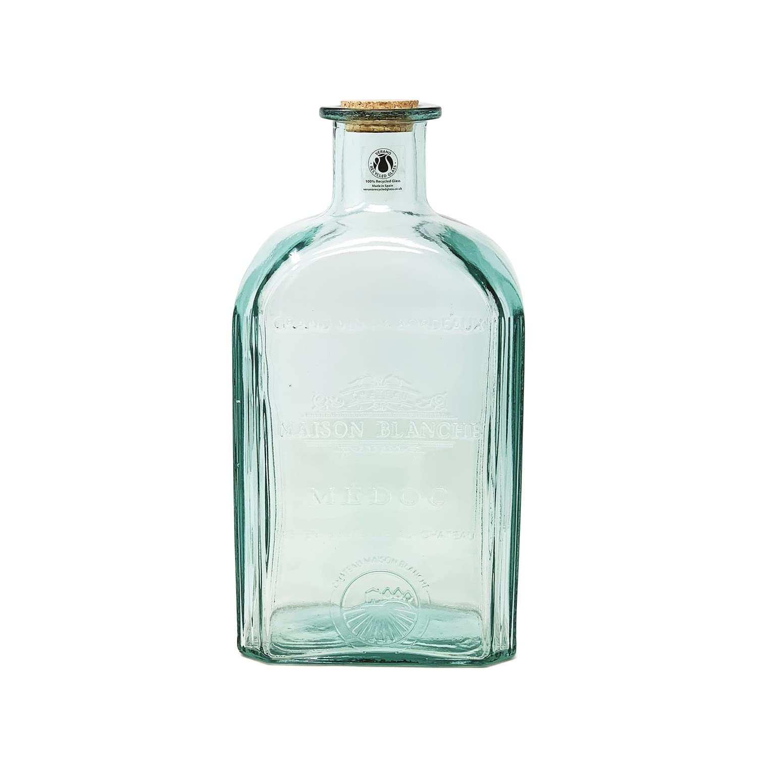 Recycled Glass Large Bottle w/ Cork 4.6L - Clear - Embossed - Home Décor - Verano Spanish Ceramics