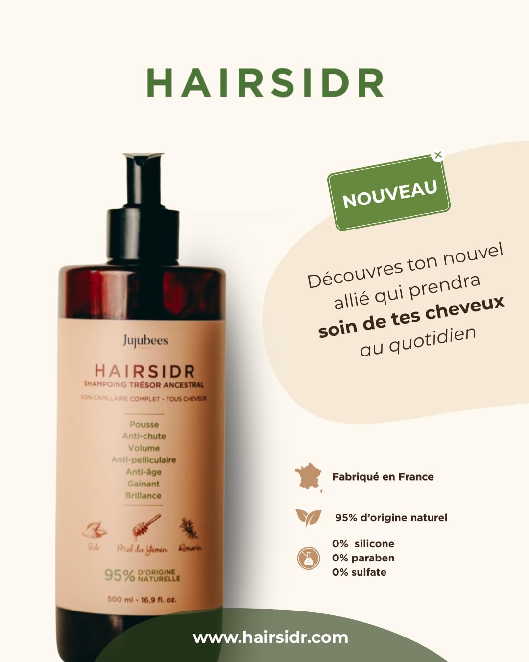 500ml - Shampoing Trésor Ancestral Pousse/Antichute/Antipelliculaire/Détoxifiant
