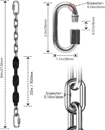 Miniatura 5 de 2 cadenas de acero inoxidable (84 pulgadas), accesorios de columpio resistentes, 4 hebillas de conexión rápida, columpios de patio de juegos para