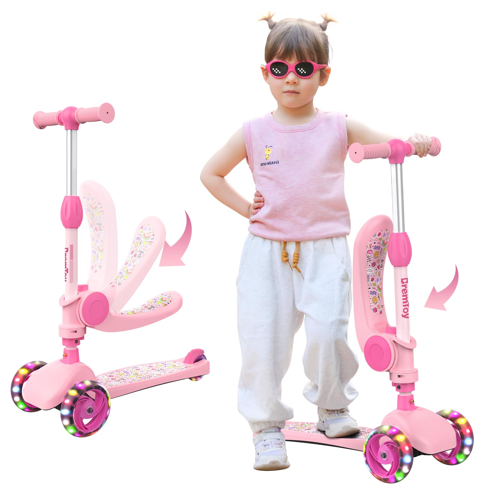 BremToy Patinete para Niños de 2 3 4 5 a 8 Años,con Asiento Plegable, Altura Ajustable de 57,5 a 75,5 cm, Ruedas Cinéticas con Luz, Gran Regalo para Niños y Niñas