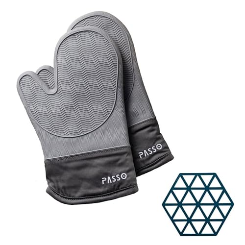 【aiji】 耐熱ミトン オーブンミトン 鍋つかみ 2枚セット 300℃耐熱 やけど防止 シリコン素材 凹凸表面 滑り止め 汚れが目立たず 厚手 滑らない 防水 おしゃれ 長持ち 鍋敷き付き オーブン キッチンミトン 耐熱グローブ 電子レンジ クッキング用