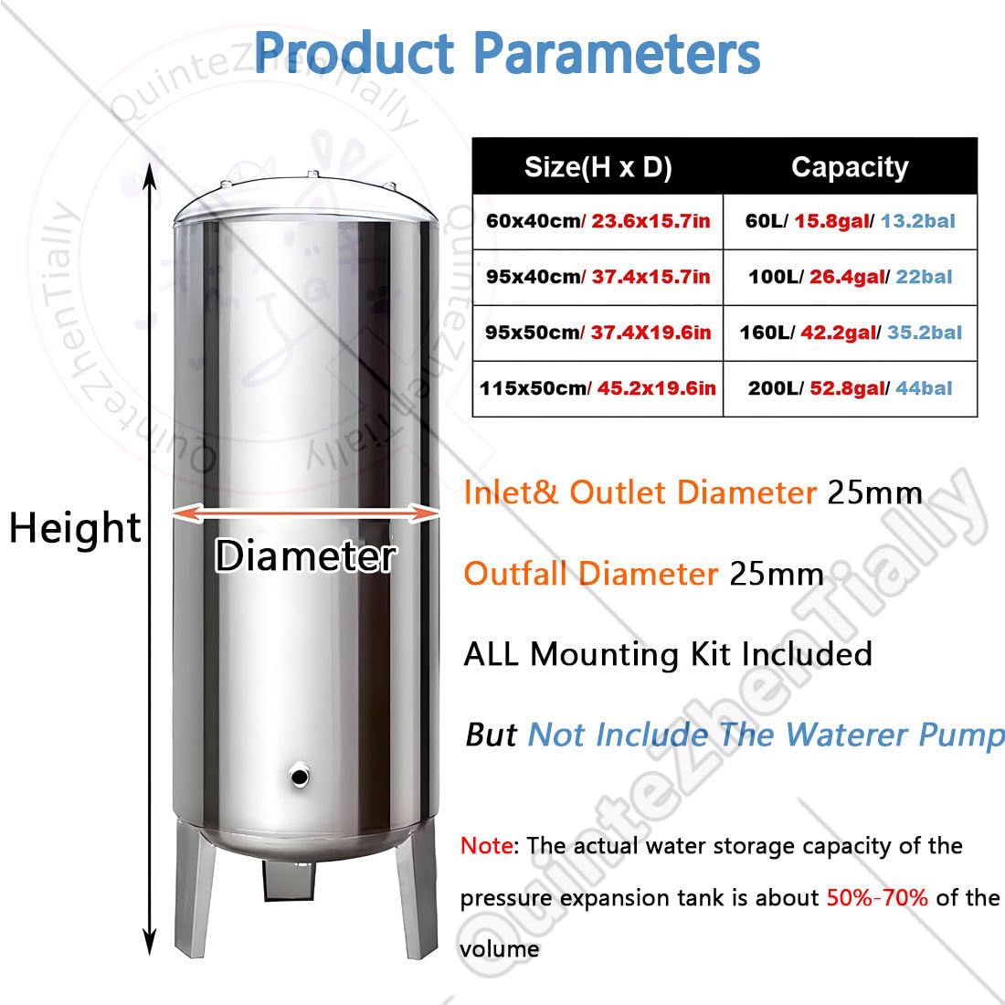 60/100/160/200 L Serbatoio Pressione Acciaio Inossidabile,Pompa Pozzo Sistemi Pressurizzati,con Saldatura Senza Giunte,per Uso Domestico & Industriale NoCleaningPort-200L/52gal