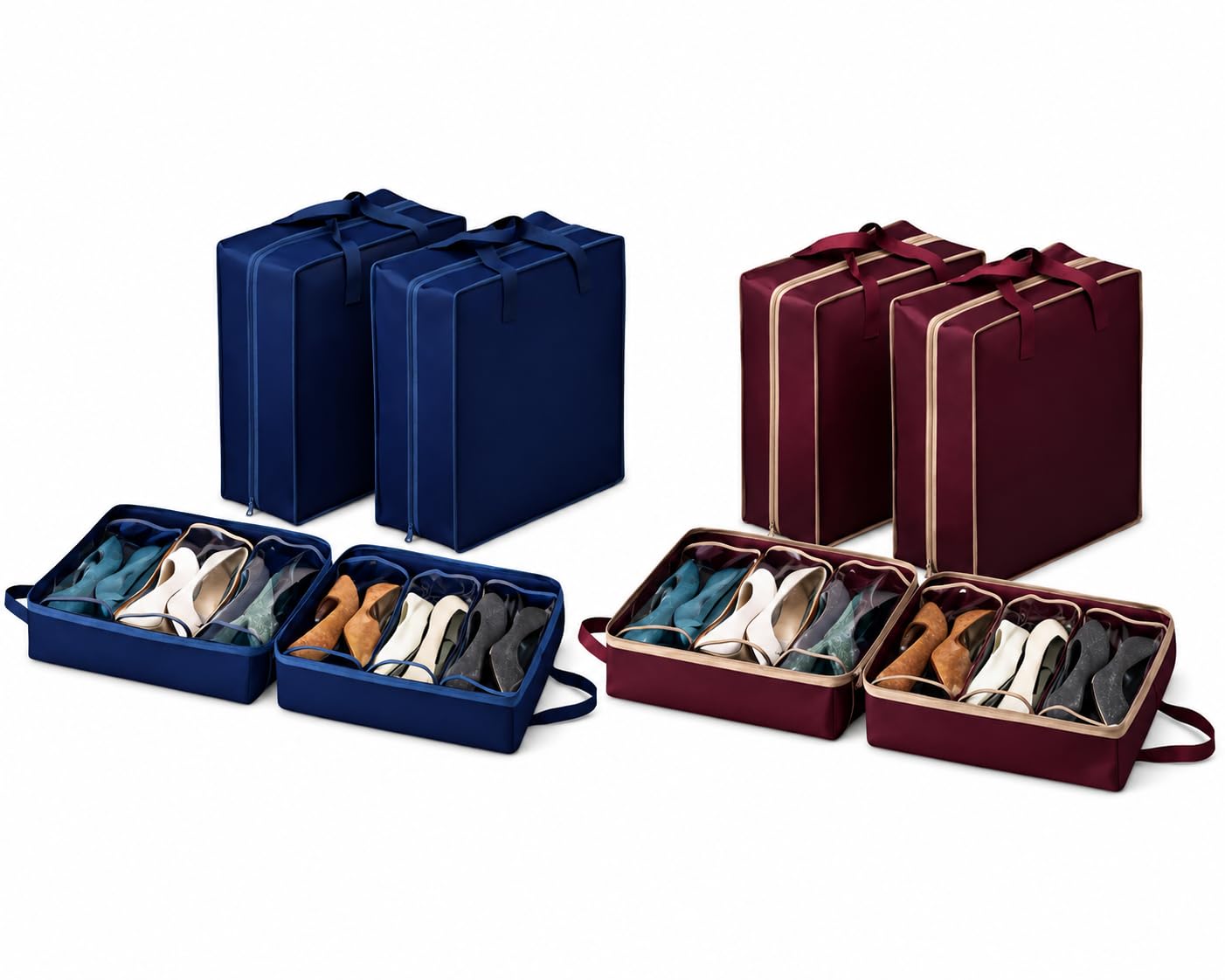 shreekarts Foldable Shoe Organiser Bags, Pack of 2, 6 Pair Capacity, Dustproof Transparent Compartments, Portable Travel and Home Storage, Maroon and Blue-picture-52