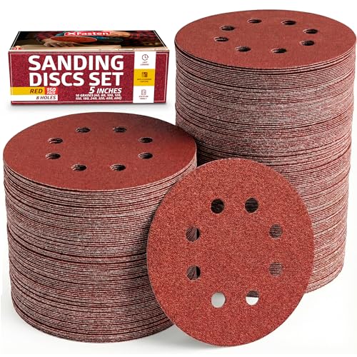 XFasten 5 Inch Sanding Discs Hook and Loop (150 PCS) Durable, Secure Hold 60 80 100 120 150 180 240 320 400 600 Grit 5 Sanding Disc Hook and Loop for Orbital Sander Sandpaper Assortment Pack