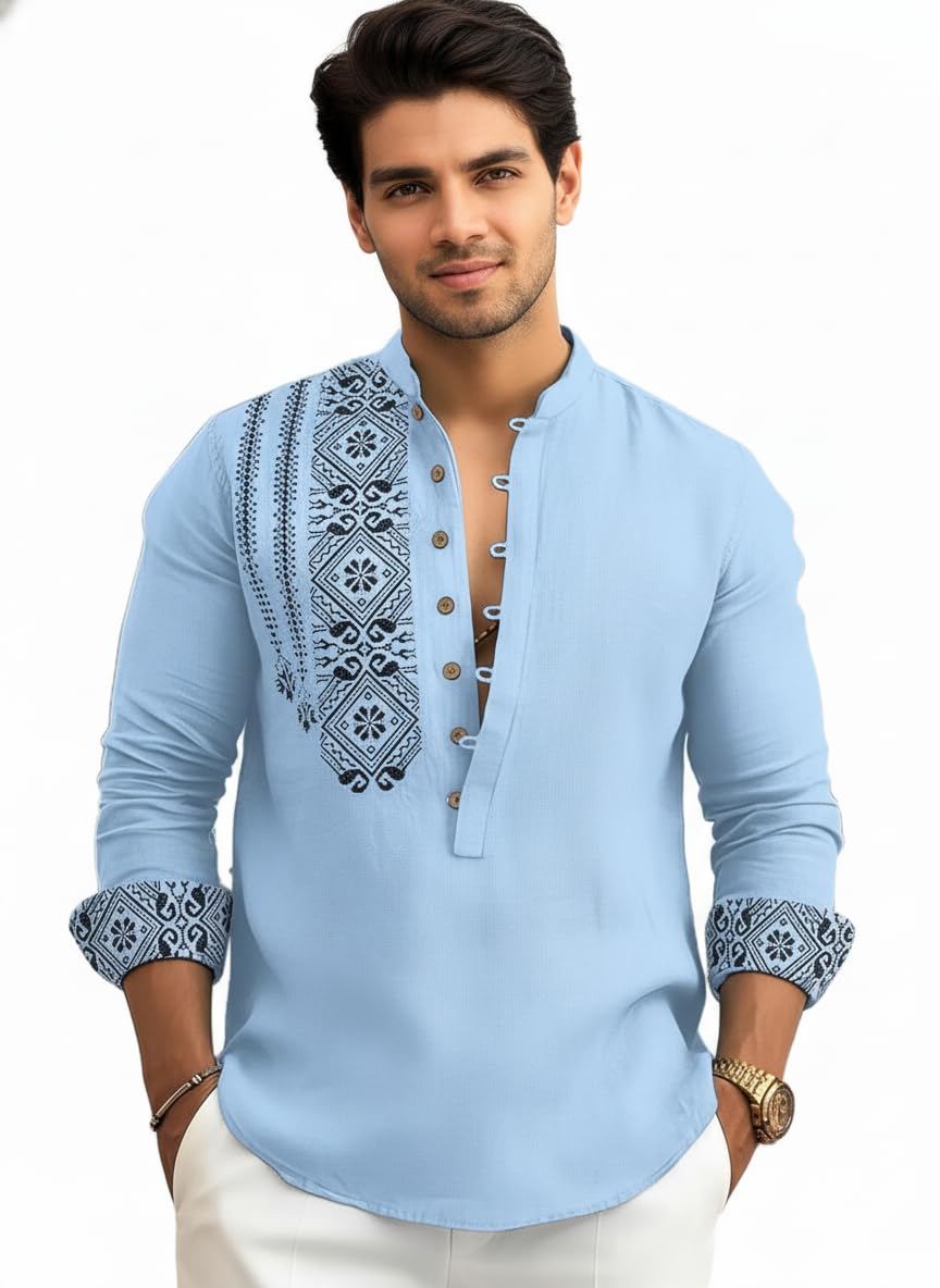 amazon brand - inkast Men's Cotton Blend Mandarin Collar Self One Design Full Sleeve Casual Short Kurta-picture-20