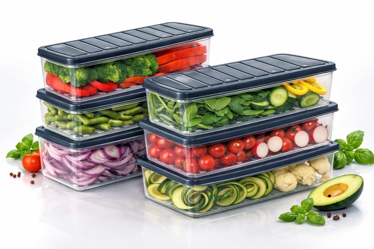 Raawan Cajas de almacenamiento para nevera, recipientes apilables para almacenamiento de alimentos, placa de drenaje extraíble y tapa, organizador duradero para mantener la comida fresca durante más