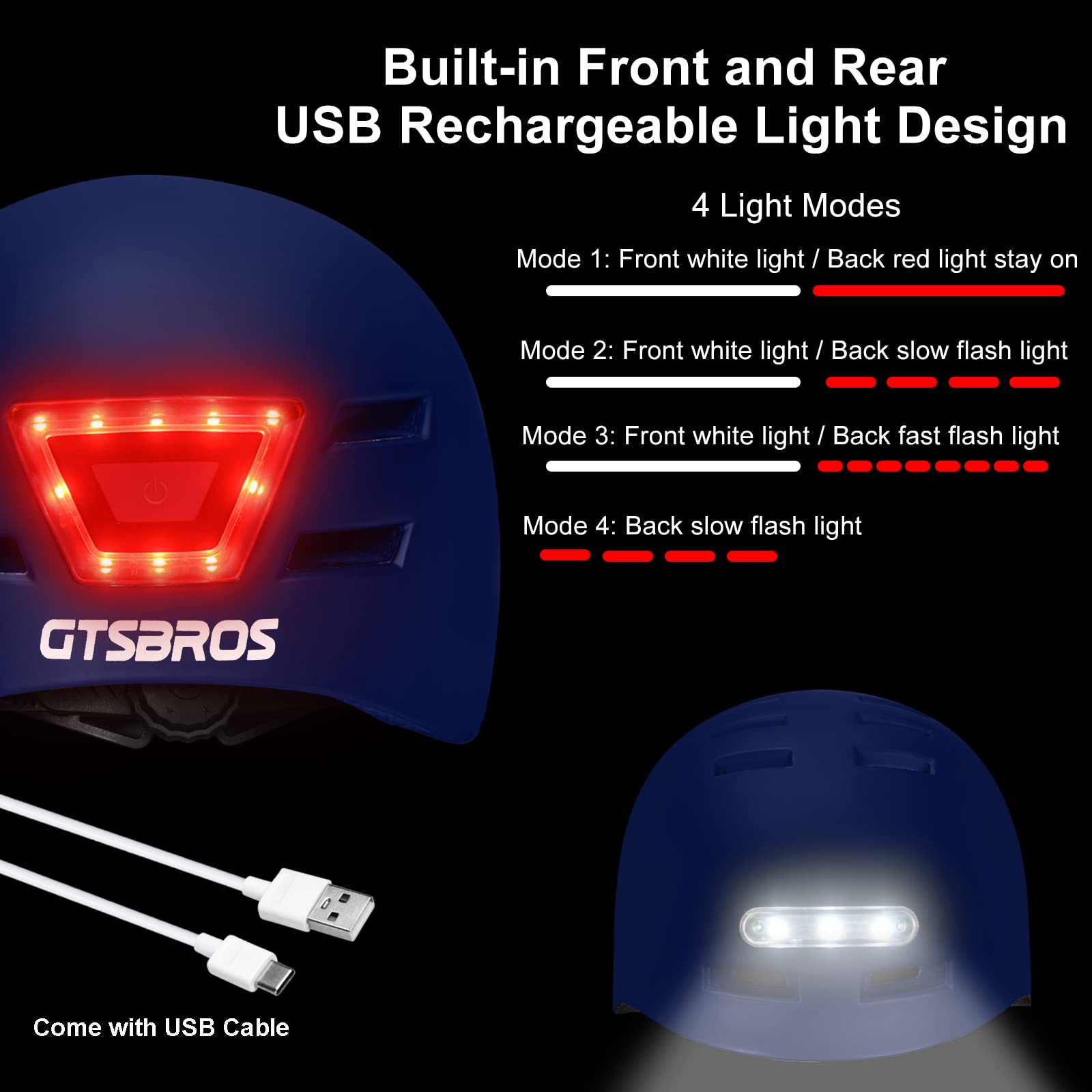Casco de bicicleta con luces recargables por USB y luz LED trasera para viajeros urbanos, ajustable para hombres y mujeres