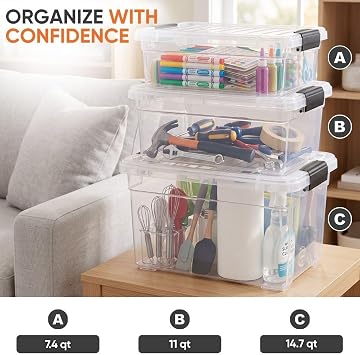 Superio 7.4 Quart Clear Plastic Storage Bin with Lid, Stackable Organizer Box, BPA-Free Storage Container for Home, Garage, School & Office, 1 Pack