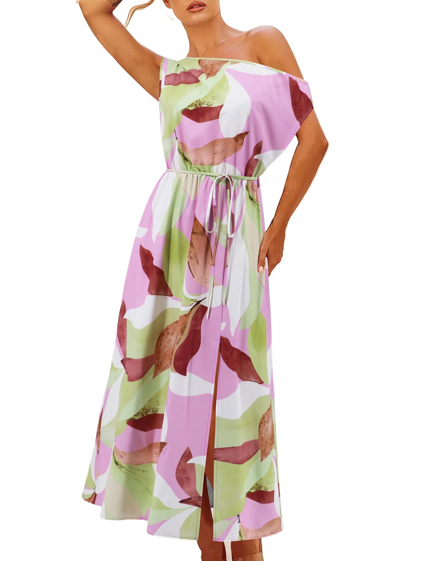 Summer Women's Flower Pattern Maxi Dress Sleeveless Thin Waistband Dress Basic Side Split Casual Long Dress