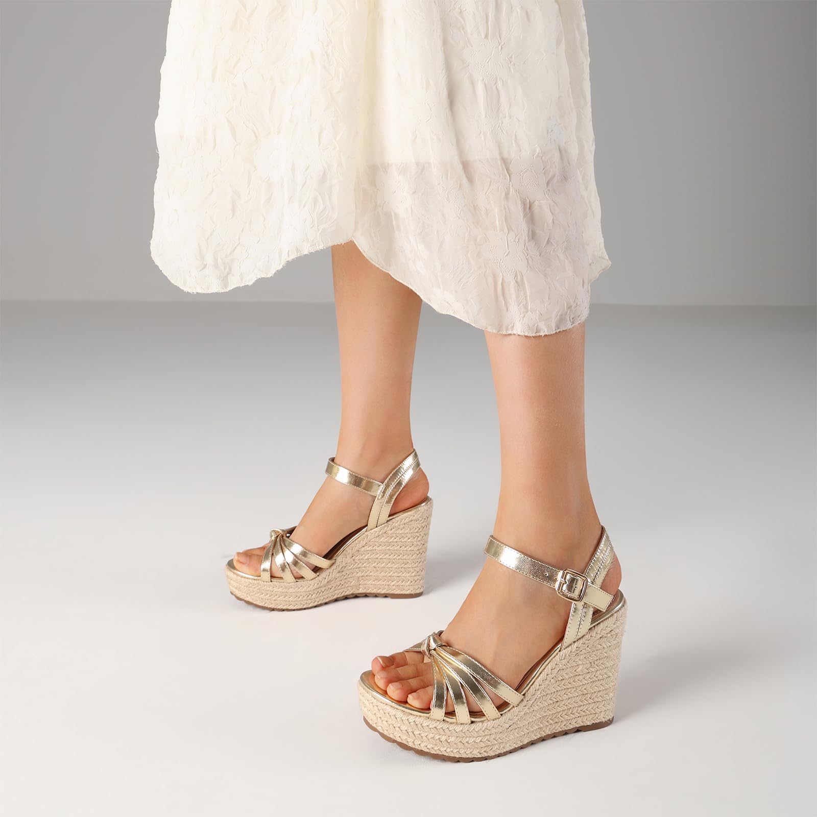 mikarka Sandals for Women 2026: Comfortable Wedge Platform Sandals Women - Braided Espadrilles for Women Ankle Strap Open Toe Wedges Heels Beach Sandals Summer Shoes: 7 3.94" Wedge Heel/Gold Metallic