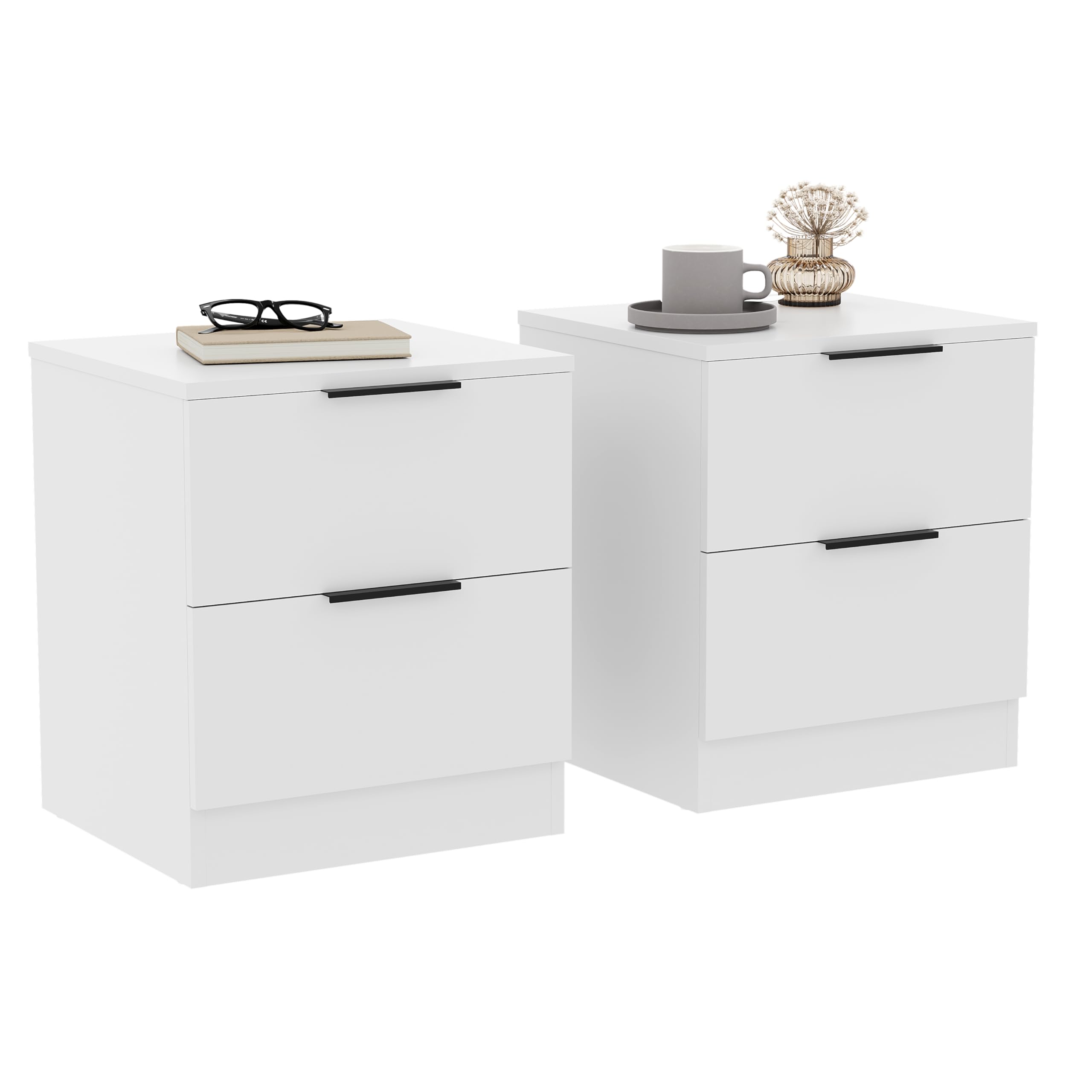 Vida Designs Trega 2 Drawer Bedside Cabinets Set of 2 White - Compact Space-Saving Nightstands - 41H x 39W x 28D cm - Engineered Wood - Glide Drawers, Black Handles - Ideal for Bedroom & Guest Room