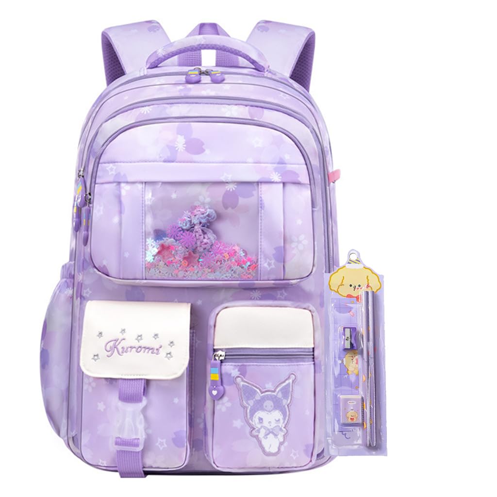 Kuromi Backpack for School Girls Sanrio Kuromi School Backpack Multi Layer Large Book Bag Burden Relief Travel Backpack School Backpack for 8-16 Years Olds School Girls Teens, 45x31x19cm