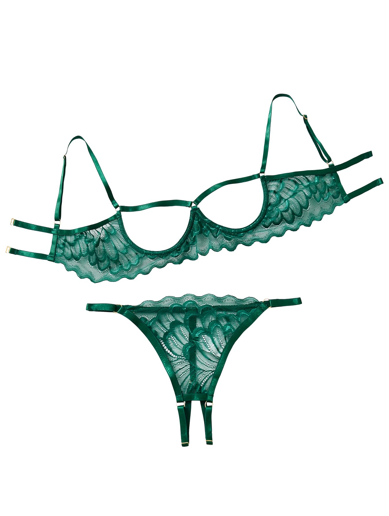 Lilosy Sexy Underwire Floral Lace Sheer Lingerie Set for Women See Through Bra and Panty 2 Piece: Large Army Green