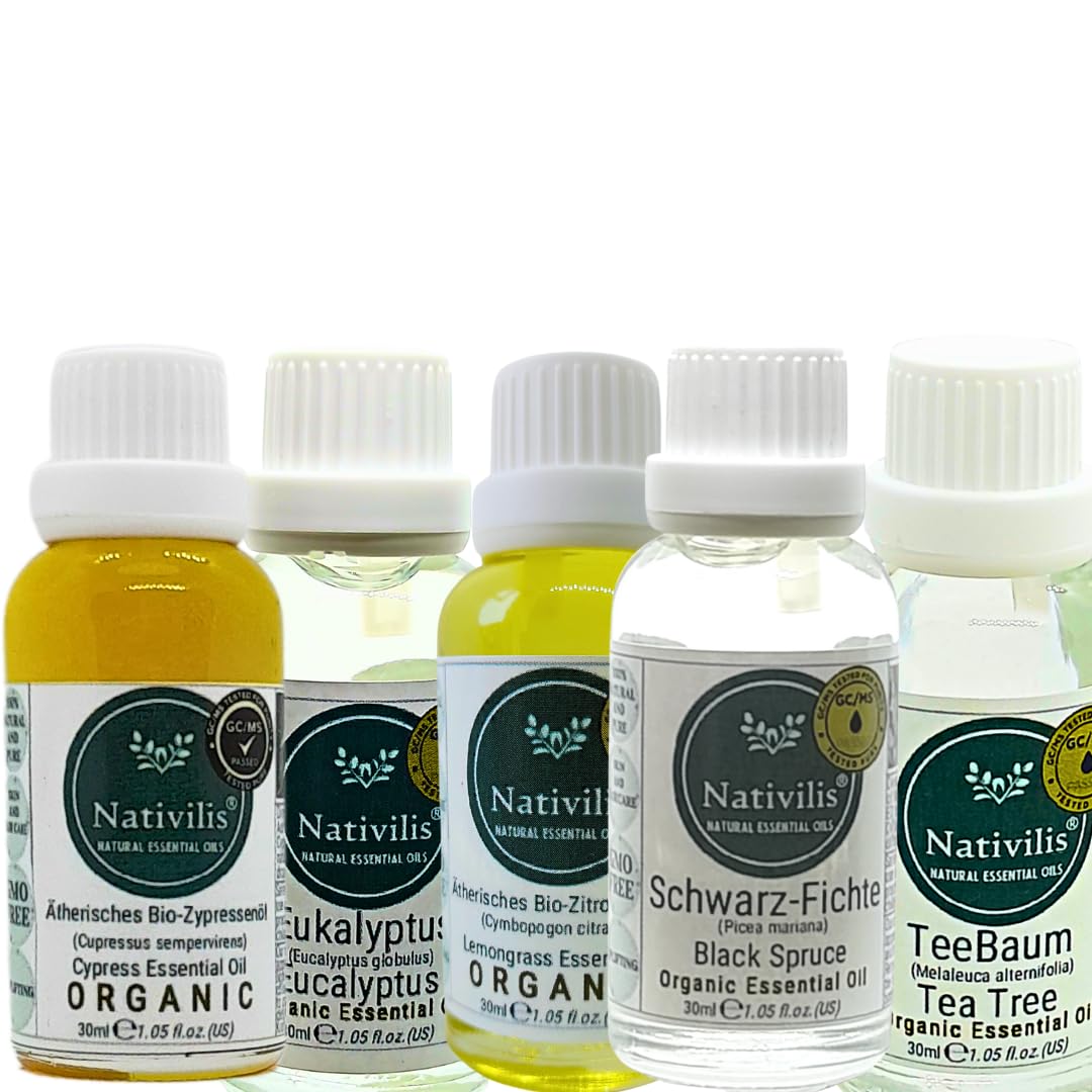 Nativilis Bio Ätherische Öle Set – Air & Earth Kollektion – Eukalyptus, Zitronengras, Teebaum, Zypresse & Schwarzfichte – 5 x 30 ml – Für Aromatherapie & Diffusor