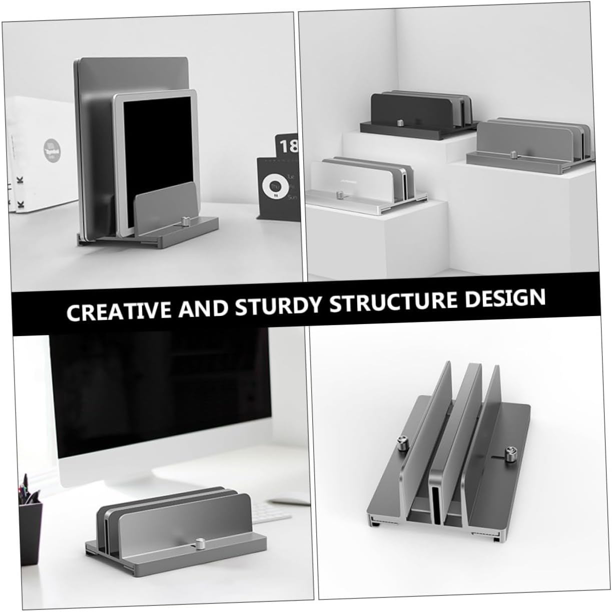 NUOBESTY Aluminum Alloy Laptop Rack with Dual Adjustable Slots Vertical Tablet Stand Base for Office and Home Use Gray