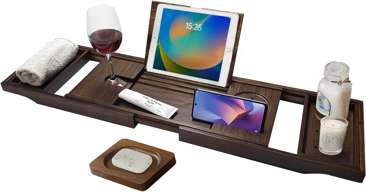 Teak Bathtub Tray, Bath Tray for Tub Bathroom Expandable Wood Bath Rack Across Tub Teak, as Unique Housewarming, Holiday, Birthday Gifts