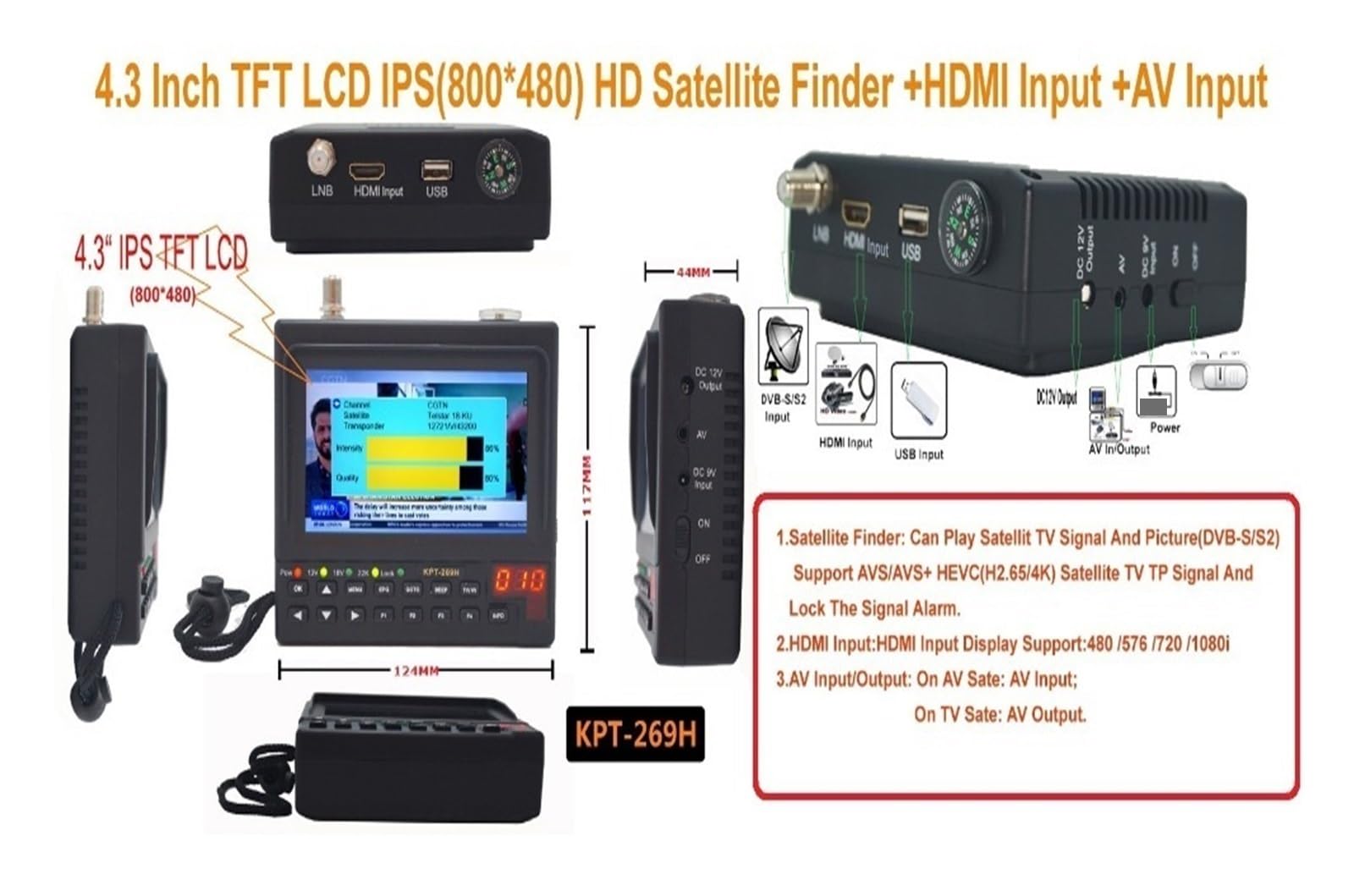DVB-S2 Satfinder Digital Satellite TV Receptor Finder Meter MPEG-4 Modulador Full HD KPT 269H Decodificador del Receptor
