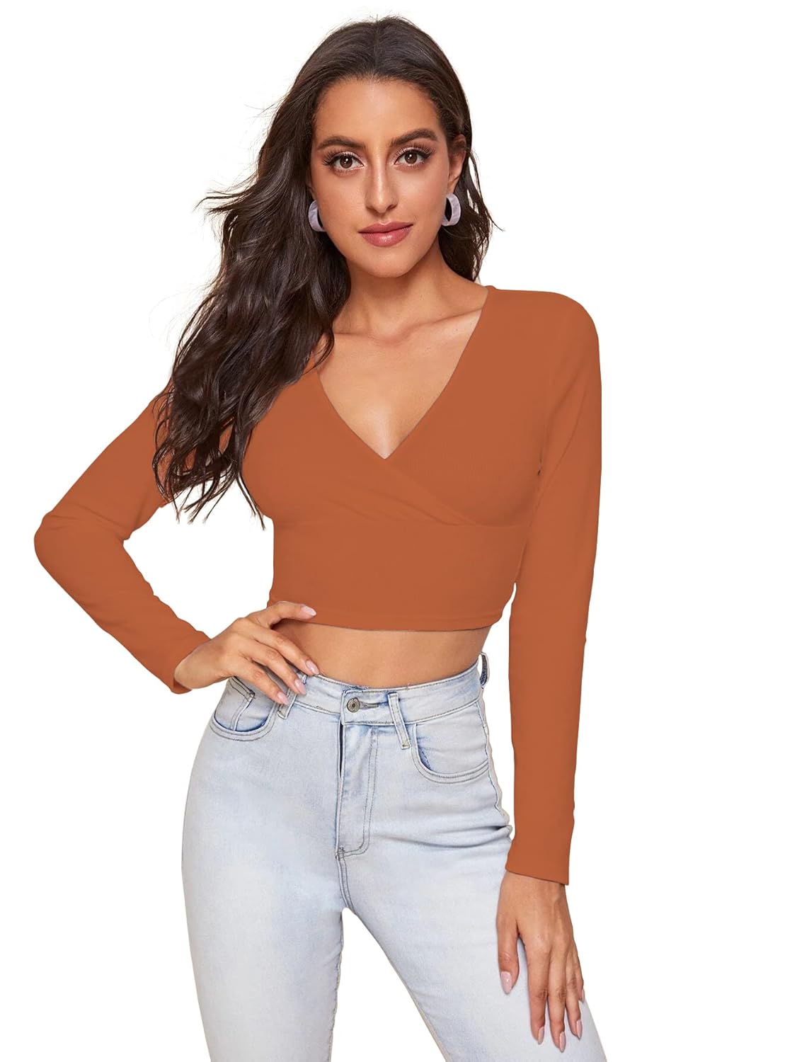 Shasmi Women’s & Girls’ Solid Ribbed V Neck Collarless Full Sleeve Slim Fit Simplicity Tops (TOP 54)