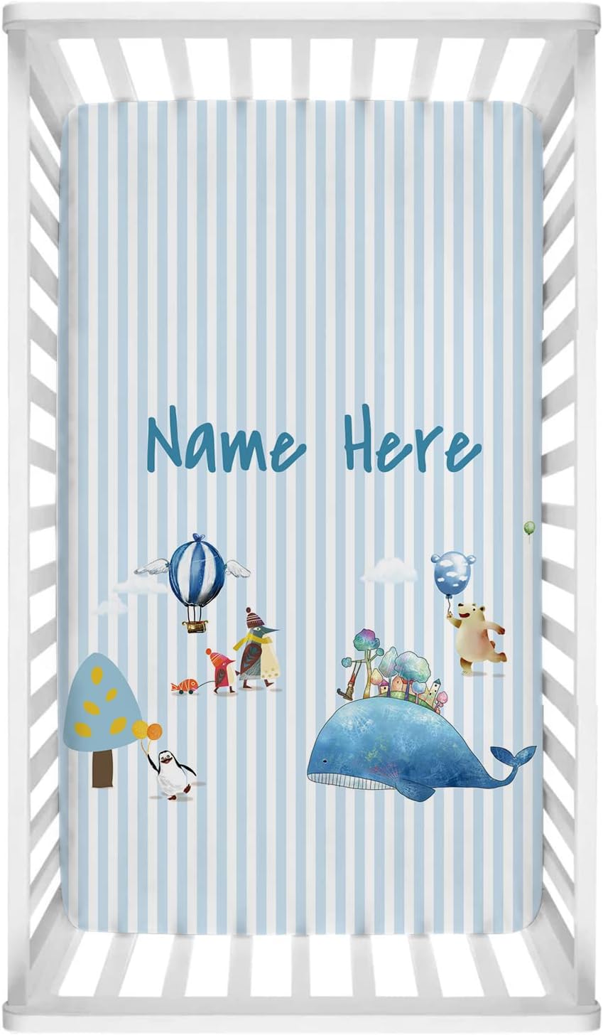 Personalized Cartoon Shark Crib Sheet for Boys Girls, Custom Baby Fitted Crib Sheet with Name for Standard Crib and Toddler Mattress, Soft Breathable Nursery Bedding for Unisex Baby 28”x 52” x 8”