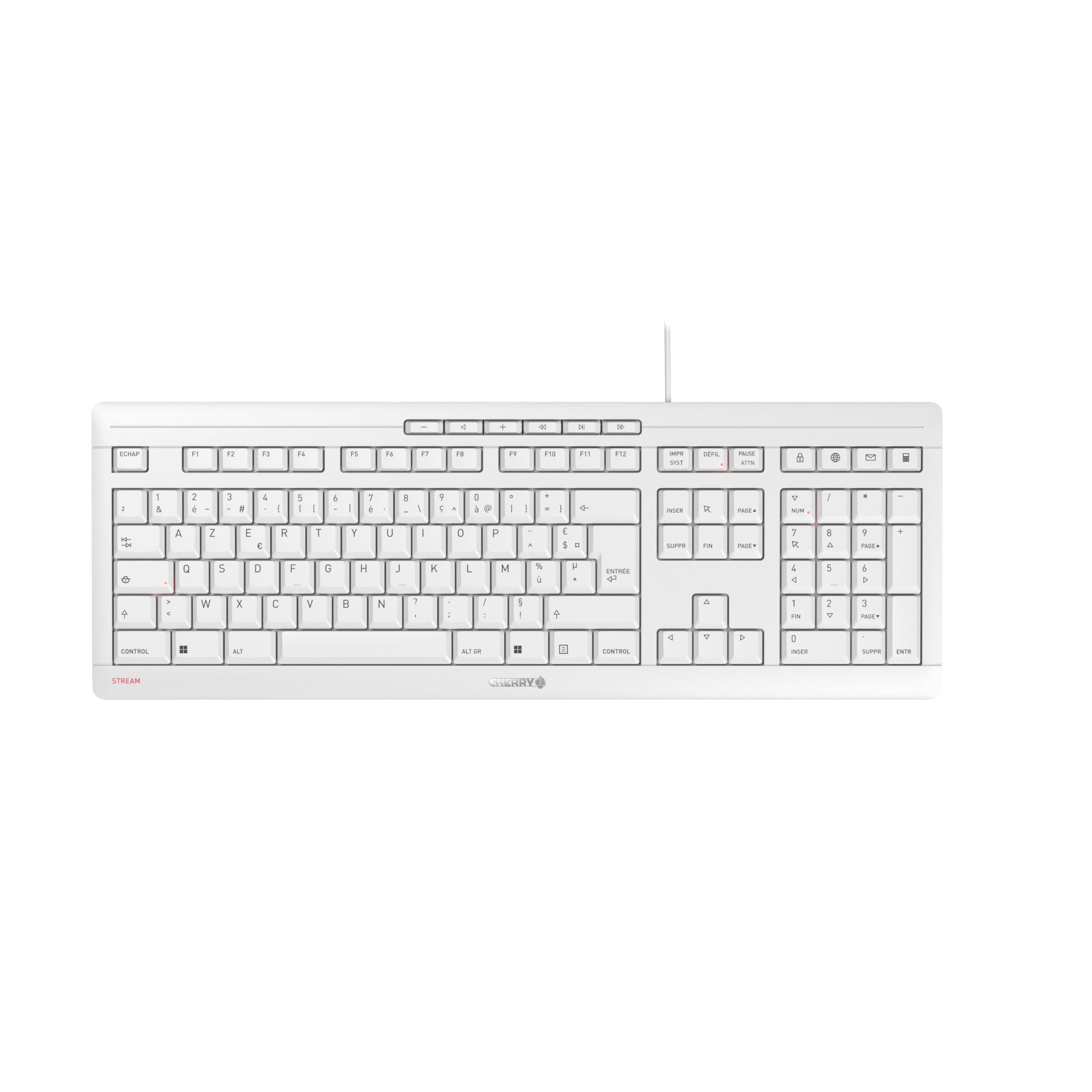 CHERRY Stream Keyboard, Clavier Filaire, Disposition française (AZERTY), Frappe silencieuse, Sensation de Frappe Unique, Design Plat, Blanc grisé