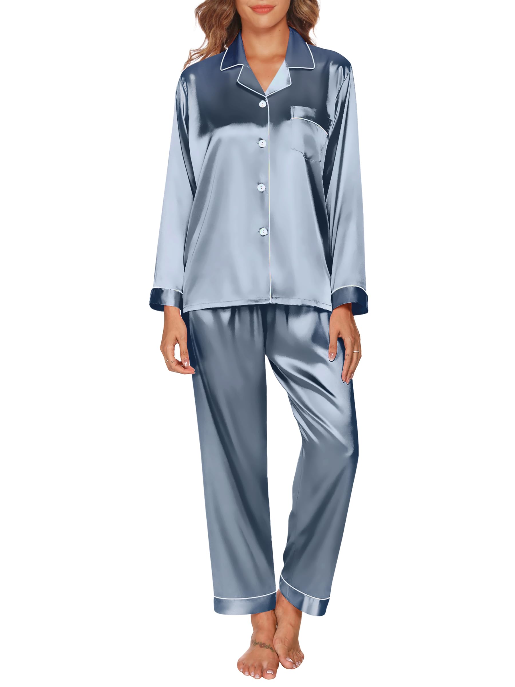 GAESHOW Pigiama Donna Estivo, Pigiama Donna Estivo in Raso con Bottoni, Pigiami Due Pezzi a Maniche Lunghe e Pantaloni Lunghi Morbido Comodo Set Pigiama S-XXL