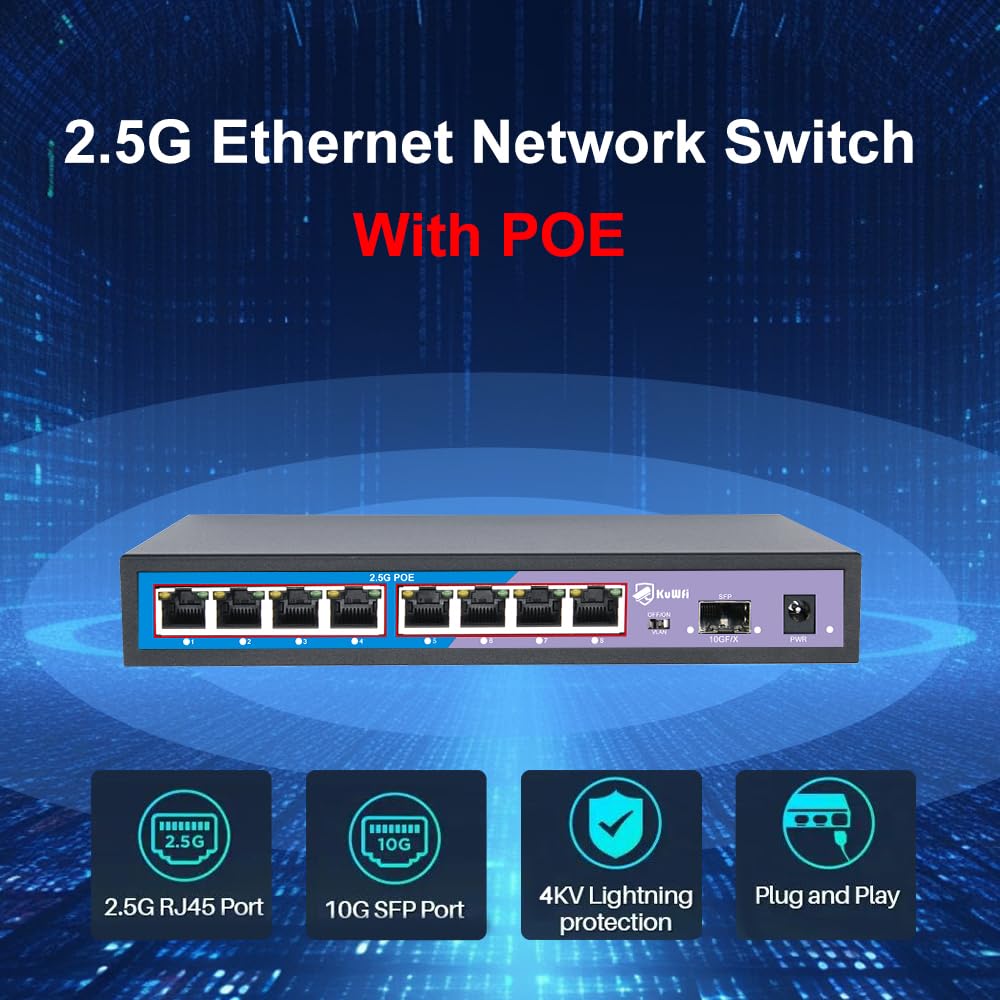 KuWFi HG0801-P Switch POE 2.5 Gigabit 8 Ports, 1 SFP Port 10G, 60Gbps 8 Ports Ethernet 2.5G, Plug & Play, Desktop oder Wand, ideal für IP/AP WiFi Überwachung, Büro, Schule, Krankenhaus