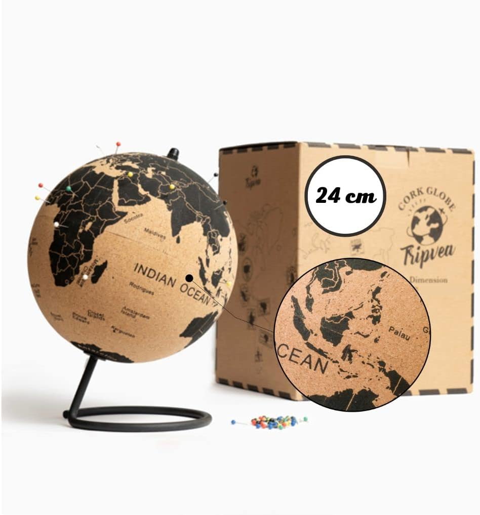 Décoration Voyage Carte Du Monde TRIPVEA® Globe Terrestre 24 Cm Vintage En Liège 342 Drapeaux Autocollants à Planter - Mappemonde Décorative Thème Voyage - Idée Cadeau Et Déco Idéale Pour Votre