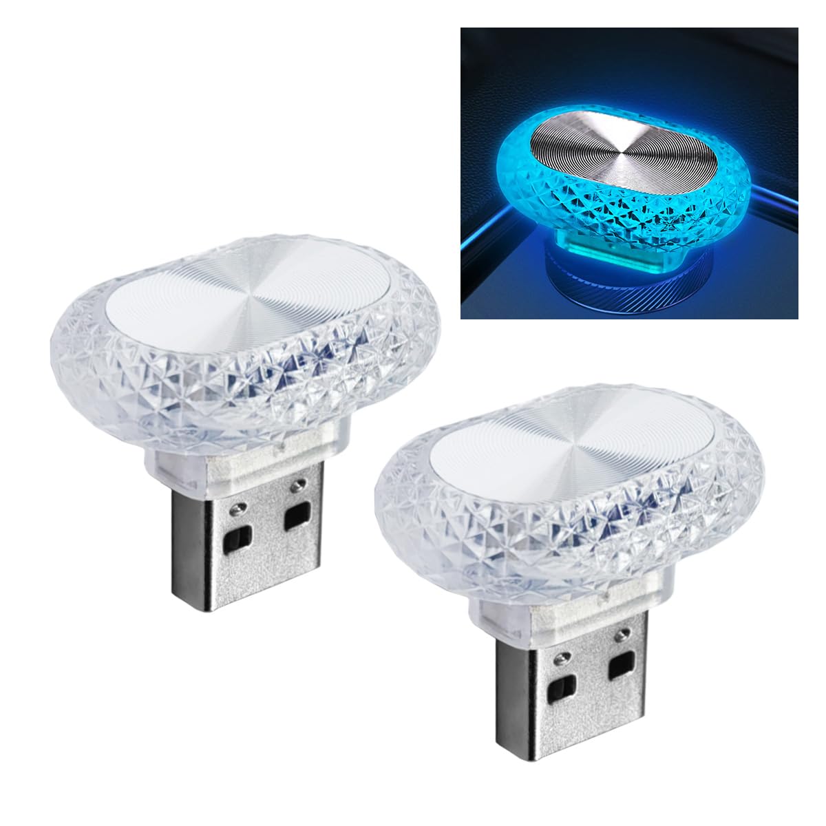 2 lámparas LED USB para interior de coche, mini luz nocturna portátil Plug and Play, luz nocturna de cristal de ojo de ángel, accesorios de vehículo para la mayoría de los automóviles (azul)