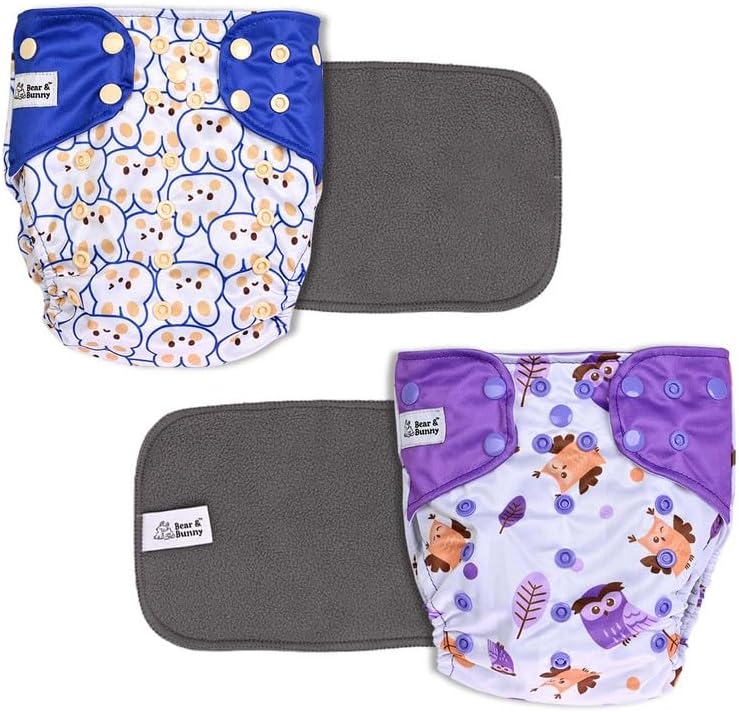 Bear & Bunny cloth diapers for babies 0-3 years, Free Size washable 2 reusable cloth diaper 2 insert pad combo Adjustable Button Strap, Cotton & Terry Fabric for new born baby diapers