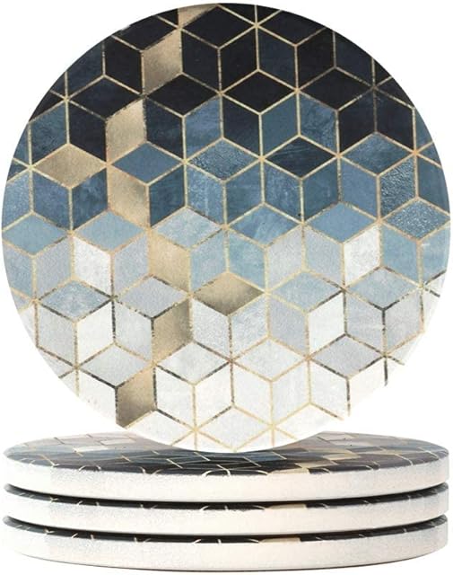 Haocoo 4 Piece Round Drink Coasters - Absorbent Stone Coaster Set with Cork Base and Ceramic Stone, Decorative Cup Coasters for Kinds of Mugs and Cups (Cube)