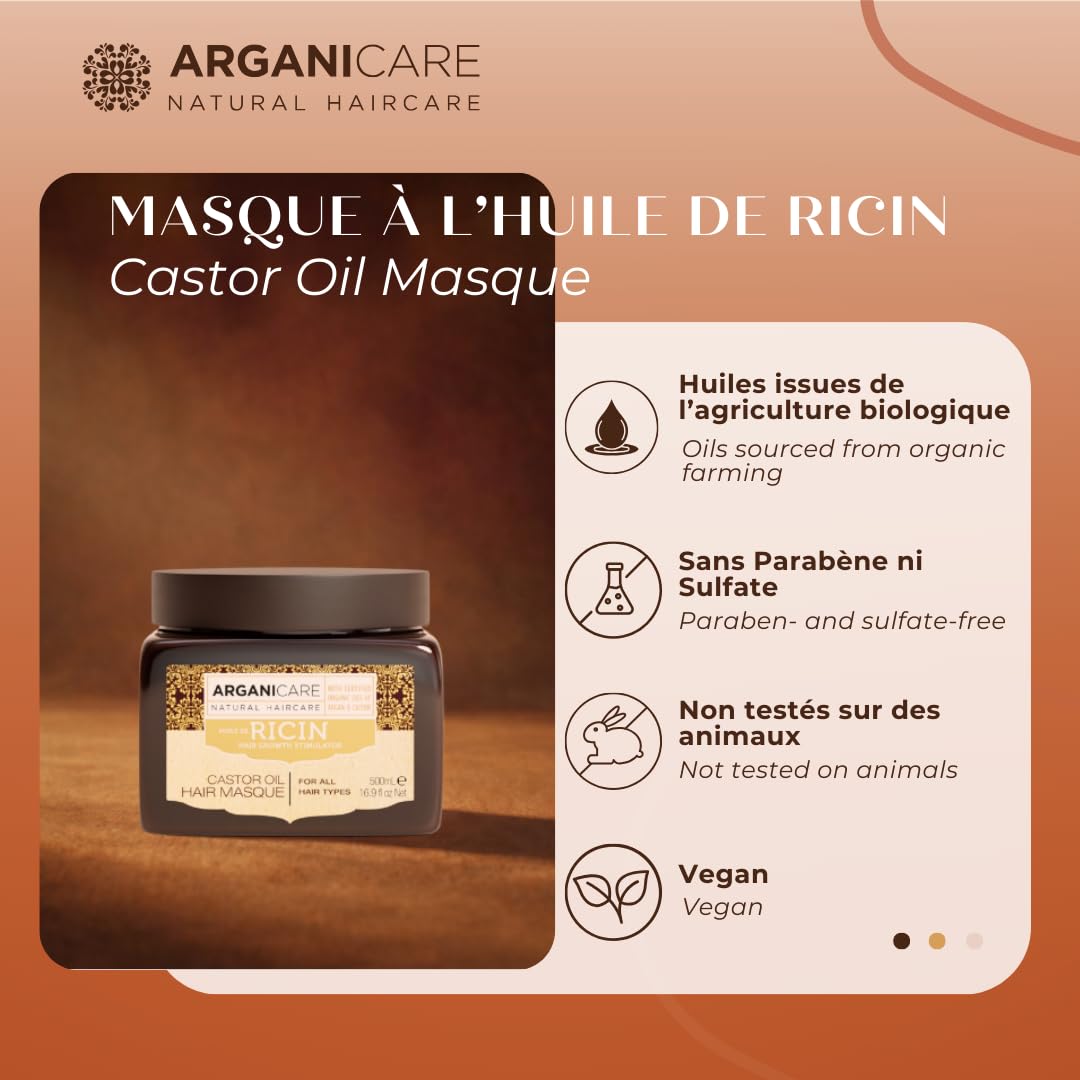 ARGANICARE Masque Cheveux Huile de Ricin Bio & Argan 500 ml – Soin Hydratant Réparateur pour Cheveux Secs et Abîmés, Anti-Casse, Aide à la Pousse, Brillance & Douceur