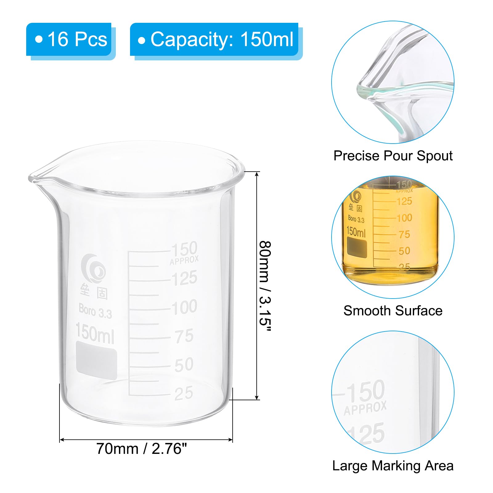 PATIKIL 150ml Bicchiere Dosatore Basso, 16 Pezzi 3.3 Bicchieri Di Vetro Borosilicato Graduati Con Beccuccio Per Esperimenti Di Laboratorio, Cucina E Cottura, Trasparente