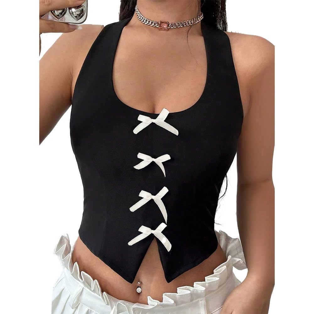 tivante Solid Bow Front Halter Neck Tops for Women Korean Tops for Women Crop Tops for Women-picture-26